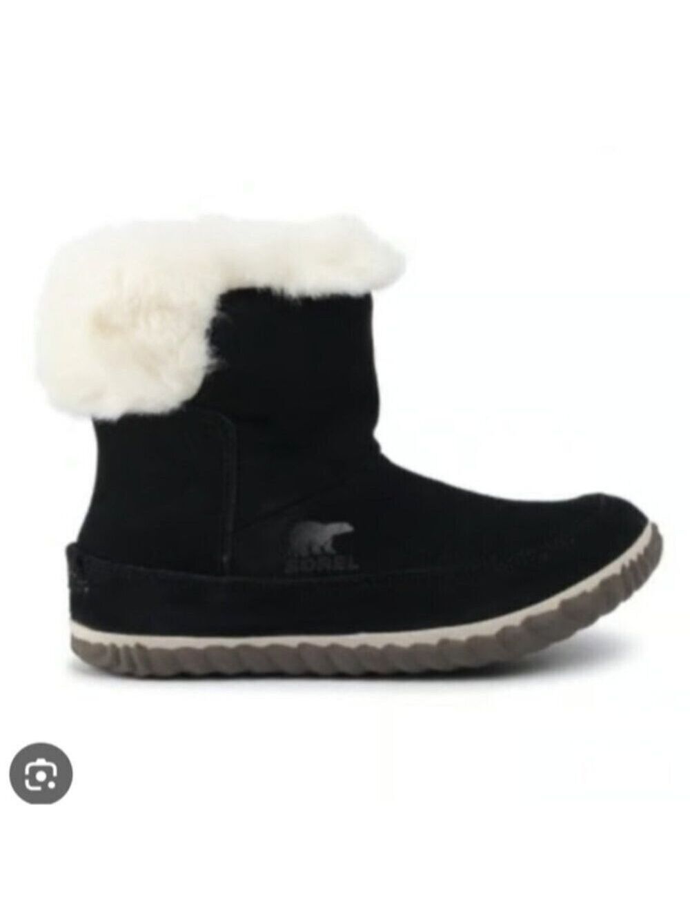 SOREL | Out 'N About slipper booties black suede with white faux fur trim sz 8